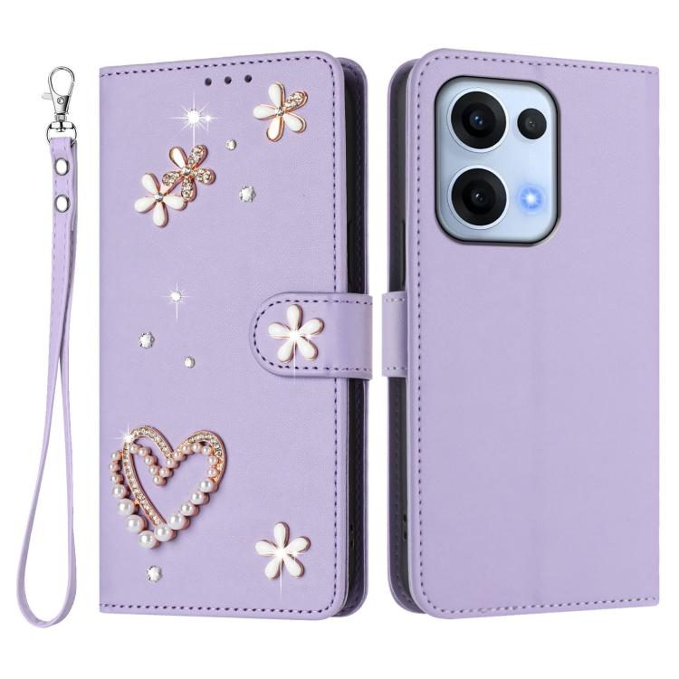 For OPPO Reno13 5G Global ZS01 Double-Layer Heart Floral Vegan Leather Phone Case with Wrist Strap