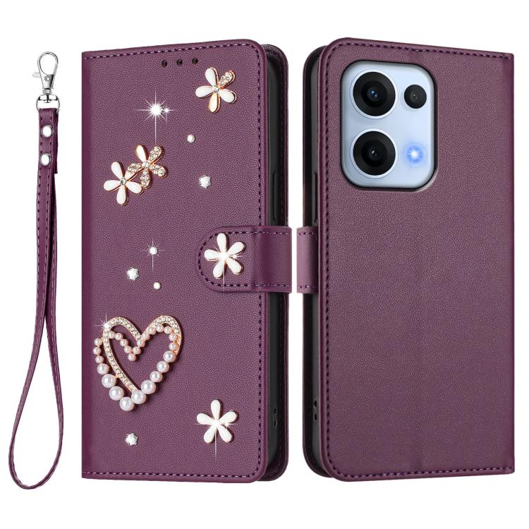 For OPPO Reno13 5G Global ZS01 Double-Layer Heart Floral Vegan Leather Phone Case with Wrist Strap