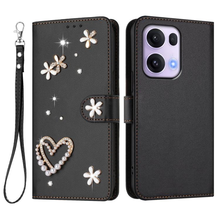 For OPPO Reno13 Pro 5G Global ZS01 Double-Layer Heart Floral Vegan Leather Phone Case with Wrist Strap
