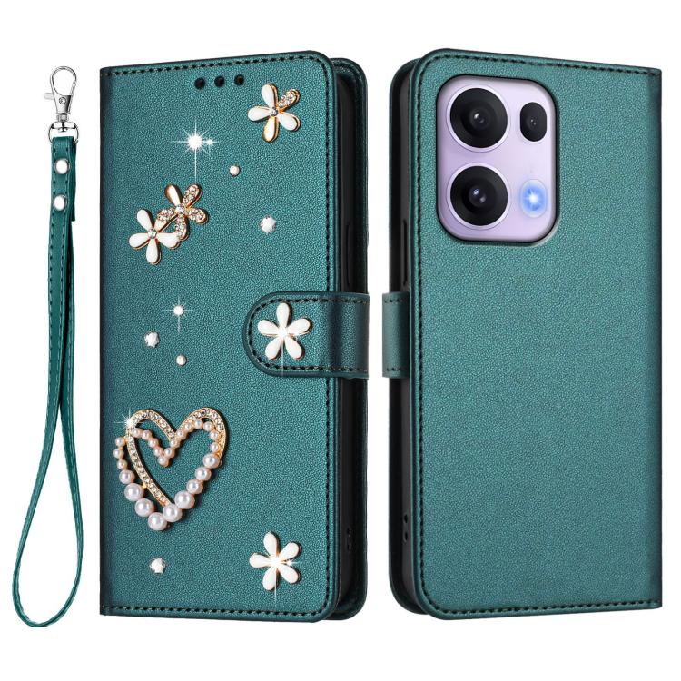 For OPPO Reno13 Pro 5G Global ZS01 Double-Layer Heart Floral Vegan Leather Phone Case with Wrist Strap