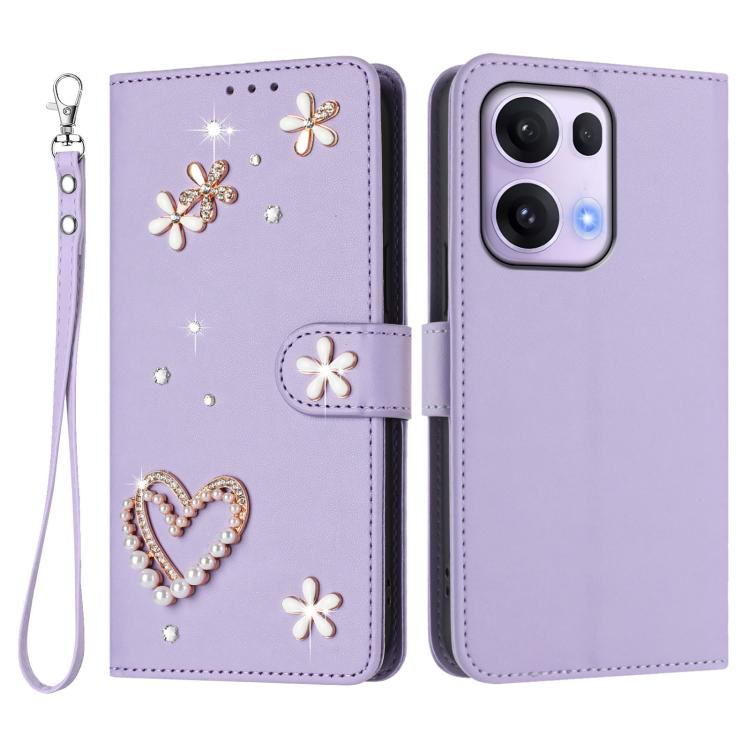 For OPPO Reno13 Pro 5G Global ZS01 Double-Layer Heart Floral Vegan Leather Phone Case with Wrist Strap