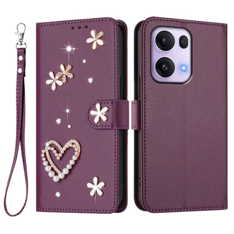 For OPPO Reno13 Pro 5G Global ZS01 Double-Layer Heart Floral Vegan Leather Phone Case with Wrist Strap