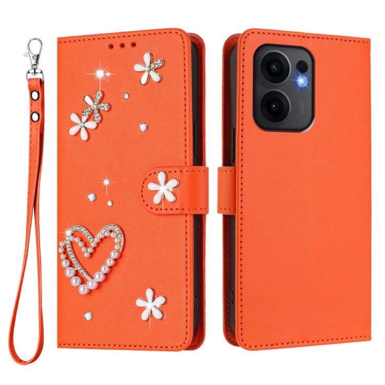 For OPPO Reno13 F 5G Global ZS01 Double-Layer Heart Floral Vegan Leather Phone Case with Wrist Strap
