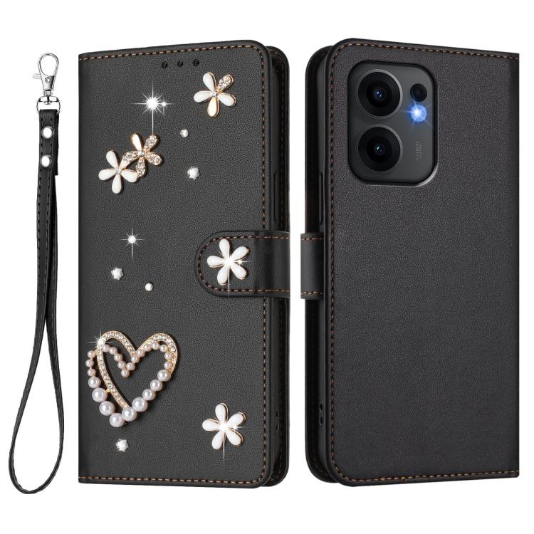 For OPPO Reno13 F 5G Global ZS01 Double-Layer Heart Floral Vegan Leather Phone Case with Wrist Strap