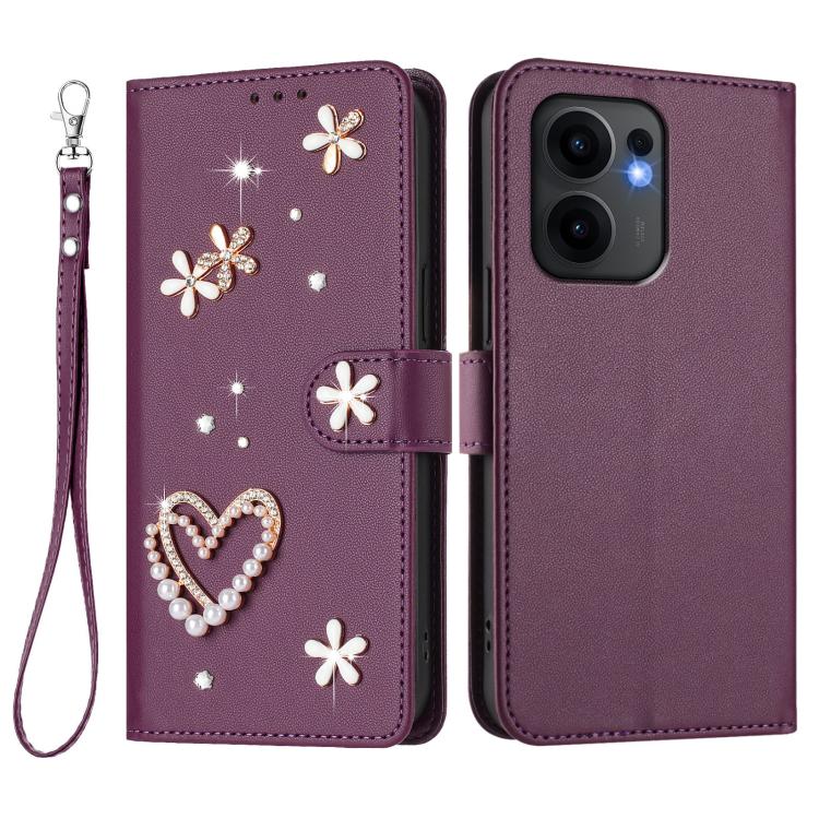 For OPPO Reno13 F 5G Global ZS01 Double-Layer Heart Floral Vegan Leather Phone Case with Wrist Strap