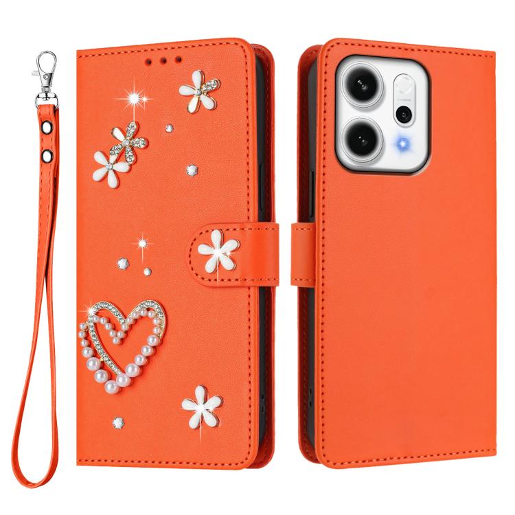 For OPPO Reno14 Pro 5G ZS01 Double-Layer Heart Floral Vegan Leather Phone Case with Wrist Strap