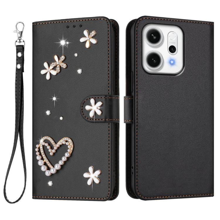 For OPPO Reno14 Pro 5G ZS01 Double-Layer Heart Floral Vegan Leather Phone Case with Wrist Strap