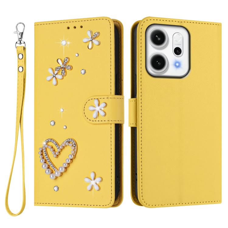 For OPPO Reno14 Pro 5G ZS01 Double-Layer Heart Floral Vegan Leather Phone Case with Wrist Strap