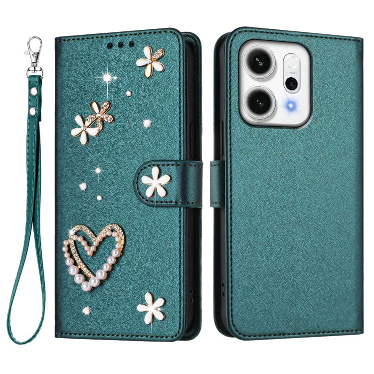 For OPPO Reno14 Pro 5G ZS01 Double-Layer Heart Floral Vegan Leather Phone Case with Wrist Strap