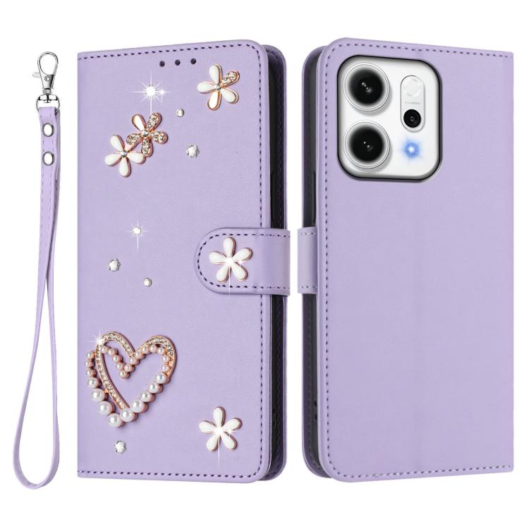 For OPPO Reno14 Pro 5G ZS01 Double-Layer Heart Floral Vegan Leather Phone Case with Wrist Strap