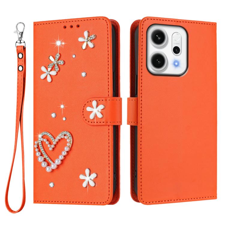 For OPPO Reno14 F 5G Global ZS01 Double-Layer Heart Floral Vegan Leather Phone Case with Wrist Strap