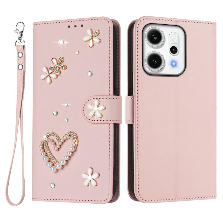 For OPPO Reno14 F 5G Global ZS01 Double-Layer Heart Floral Vegan Leather Phone Case with Wrist Strap