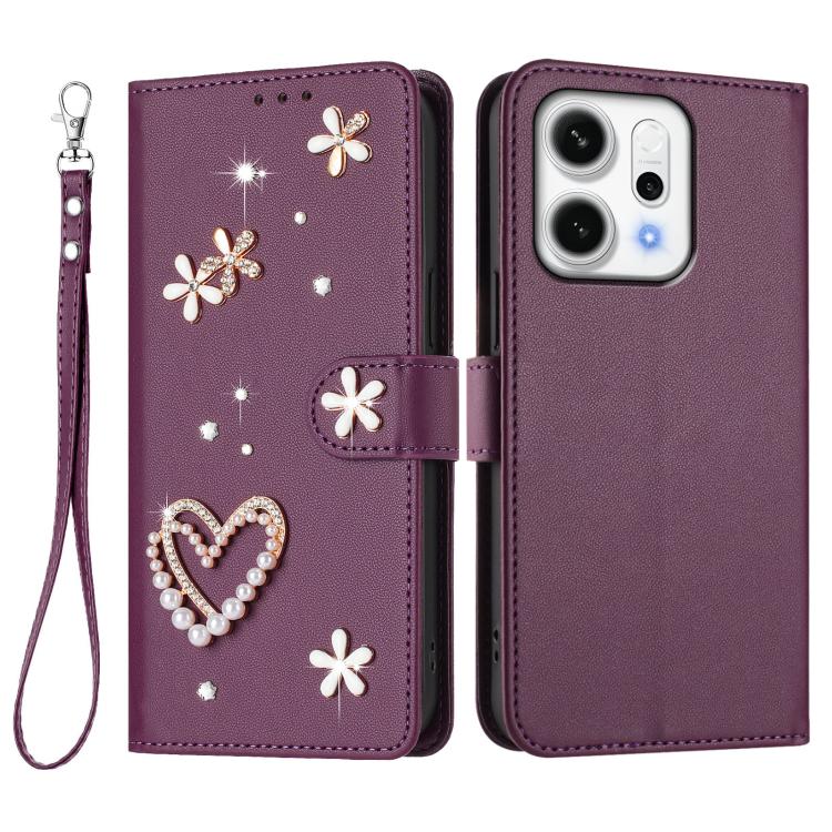 For OPPO Reno14 F 5G Global ZS01 Double-Layer Heart Floral Vegan Leather Phone Case with Wrist Strap