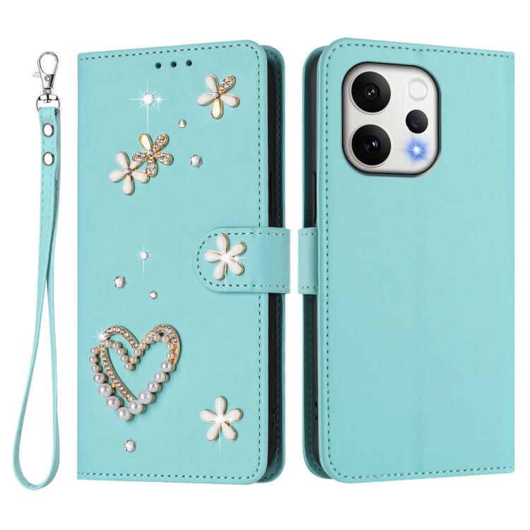 For OPPO Reno15 5G Global ZS01 Double-Layer Heart Floral Vegan Leather Phone Case with Wrist Strap