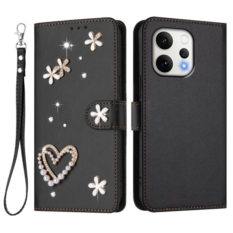 For OPPO Reno15 5G Global ZS01 Double-Layer Heart Floral Vegan Leather Phone Case with Wrist Strap