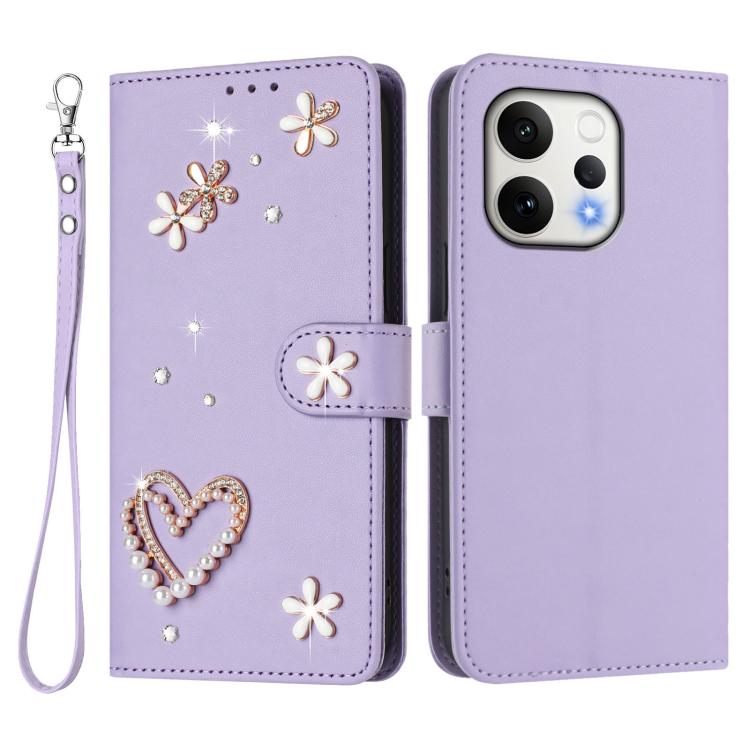 For OPPO Reno15 5G Global ZS01 Double-Layer Heart Floral Vegan Leather Phone Case with Wrist Strap