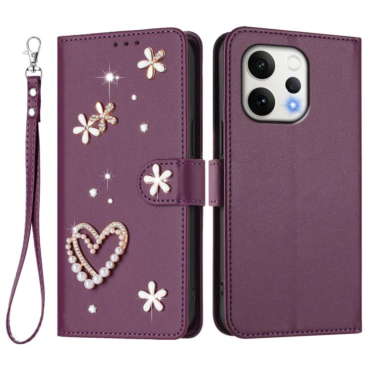 For OPPO Reno15 5G Global ZS01 Double-Layer Heart Floral Vegan Leather Phone Case with Wrist Strap
