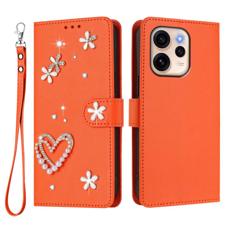 For OPPO Reno15 F 5G Global ZS01 Double-Layer Heart Floral Vegan Leather Phone Case with Wrist Strap