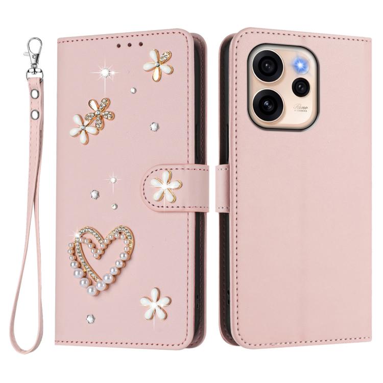 For OPPO Reno15 F 5G Global ZS01 Double-Layer Heart Floral Vegan Leather Phone Case with Wrist Strap