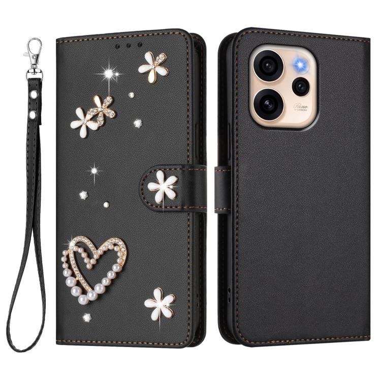 For OPPO Reno15 F 5G Global ZS01 Double-Layer Heart Floral Vegan Leather Phone Case with Wrist Strap