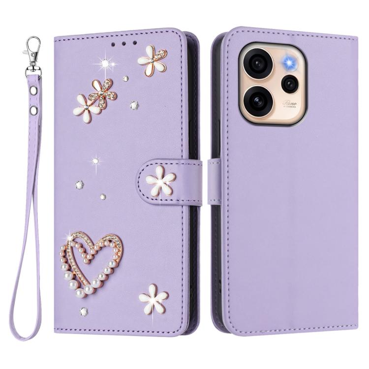 For OPPO Reno15 F 5G Global ZS01 Double-Layer Heart Floral Vegan Leather Phone Case with Wrist Strap