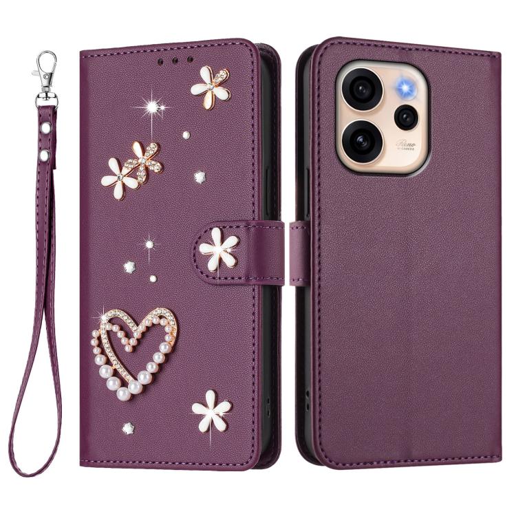 For OPPO Reno15 F 5G Global ZS01 Double-Layer Heart Floral Vegan Leather Phone Case with Wrist Strap
