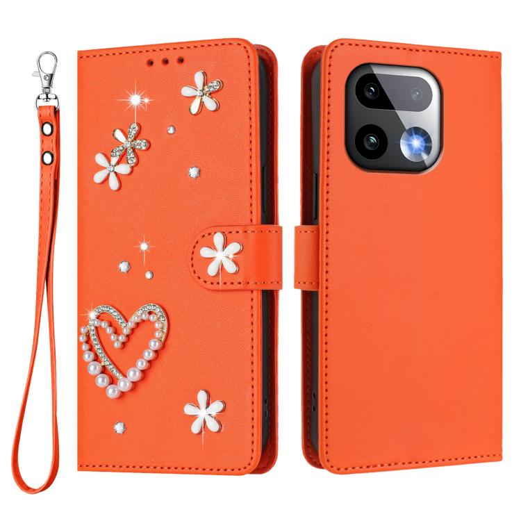 For Realme 16 Pro+ 5G Global ZS01 Double-Layer Heart Floral Vegan Leather Phone Case with Wrist Strap