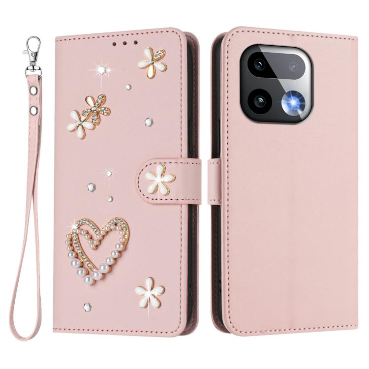 For Realme 16 Pro+ 5G Global ZS01 Double-Layer Heart Floral Vegan Leather Phone Case with Wrist Strap
