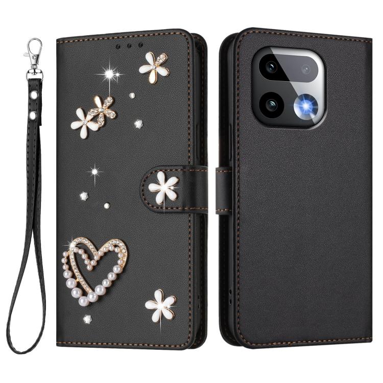 For Realme 16 Pro+ 5G Global ZS01 Double-Layer Heart Floral Vegan Leather Phone Case with Wrist Strap