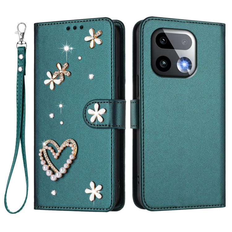 For Realme 16 Pro+ 5G Global ZS01 Double-Layer Heart Floral Vegan Leather Phone Case with Wrist Strap