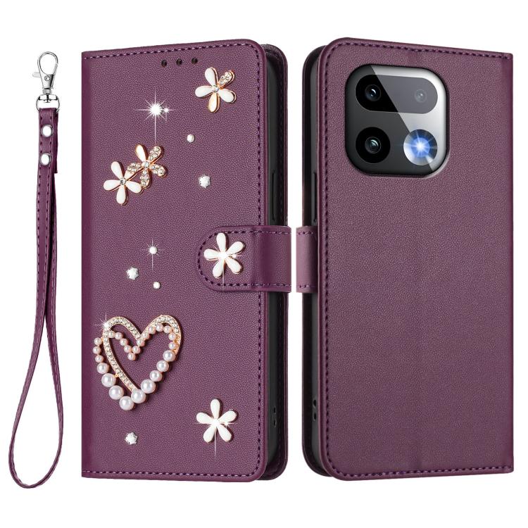 For Realme 16 Pro+ 5G Global ZS01 Double-Layer Heart Floral Vegan Leather Phone Case with Wrist Strap