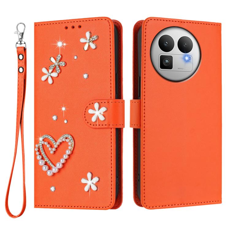 For Realme GT 8 Pro Global ZS01 Double-Layer Heart Floral Vegan Leather Phone Case with Wrist Strap