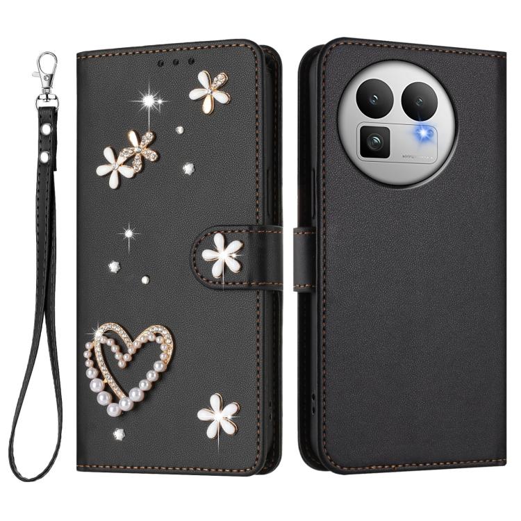 For Realme GT 8 Pro Global ZS01 Double-Layer Heart Floral Vegan Leather Phone Case with Wrist Strap