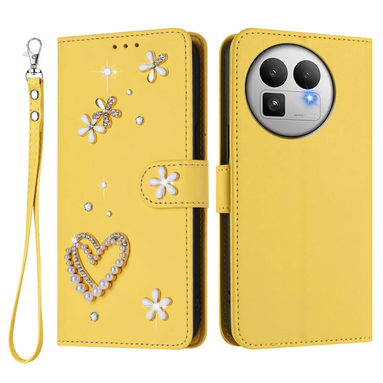 For Realme GT 8 Pro Global ZS01 Double-Layer Heart Floral Vegan Leather Phone Case with Wrist Strap