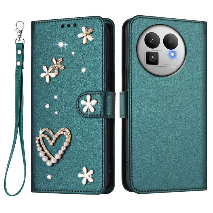For Realme GT 8 Pro Global ZS01 Double-Layer Heart Floral Vegan Leather Phone Case with Wrist Strap