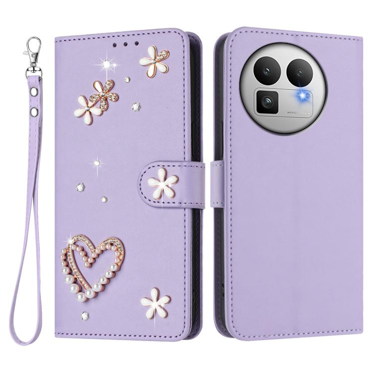 For Realme GT 8 Pro Global ZS01 Double-Layer Heart Floral Vegan Leather Phone Case with Wrist Strap
