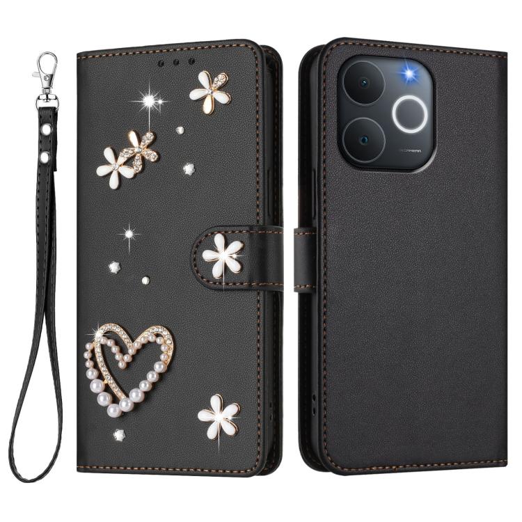 For Realme C71 4G India / Note 70 4G ZS01 Double-Layer Heart Floral Vegan Leather Phone Case with Wrist Strap