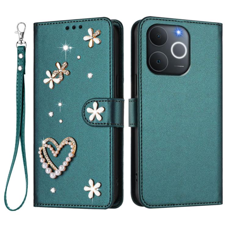 For Realme C71 4G India / Note 70 4G ZS01 Double-Layer Heart Floral Vegan Leather Phone Case with Wrist Strap
