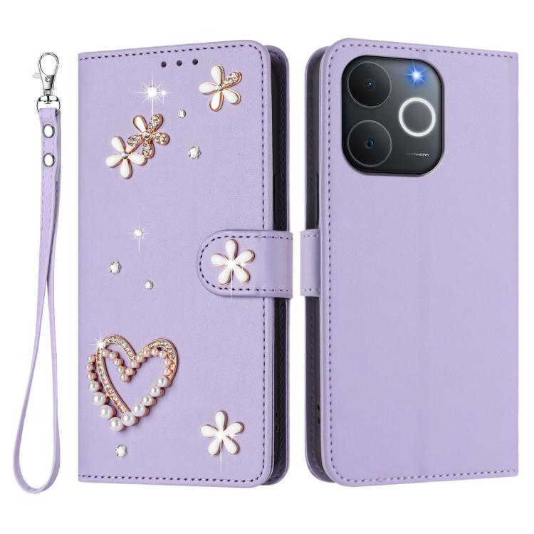 For Realme C71 4G India / Note 70 4G ZS01 Double-Layer Heart Floral Vegan Leather Phone Case with Wrist Strap