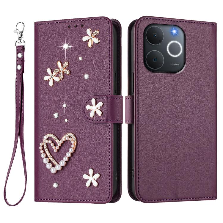For Realme C71 4G India / Note 70 4G ZS01 Double-Layer Heart Floral Vegan Leather Phone Case with Wrist Strap