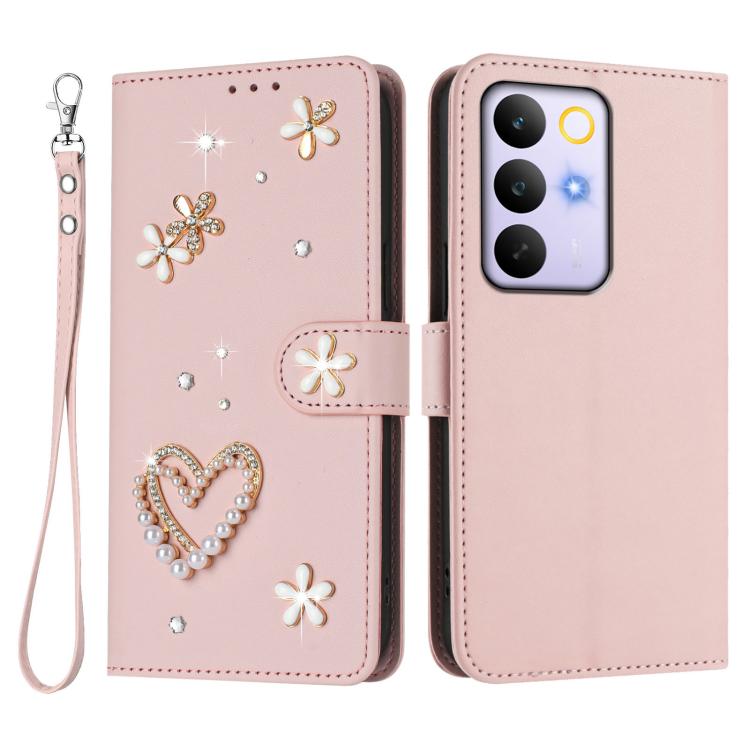 For Realme C85 5G / 15x 5G ZS01 Double-Layer Heart Floral Vegan Leather Phone Case with Wrist Strap