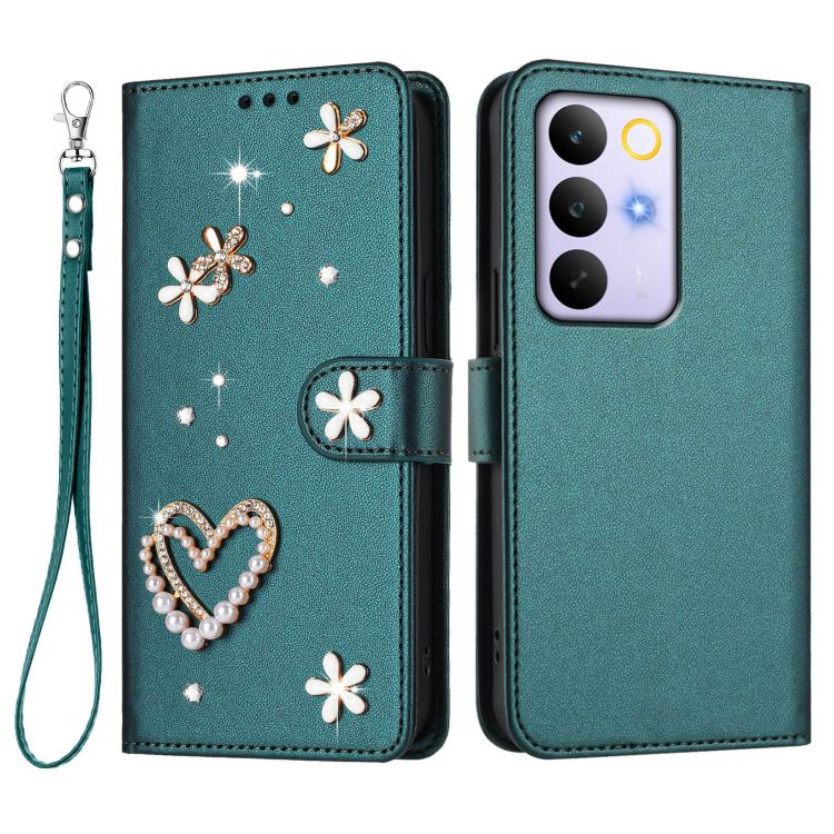 For Realme C85 Pro 4G ZS01 Double-Layer Heart Floral Vegan Leather Phone Case with Wrist Strap