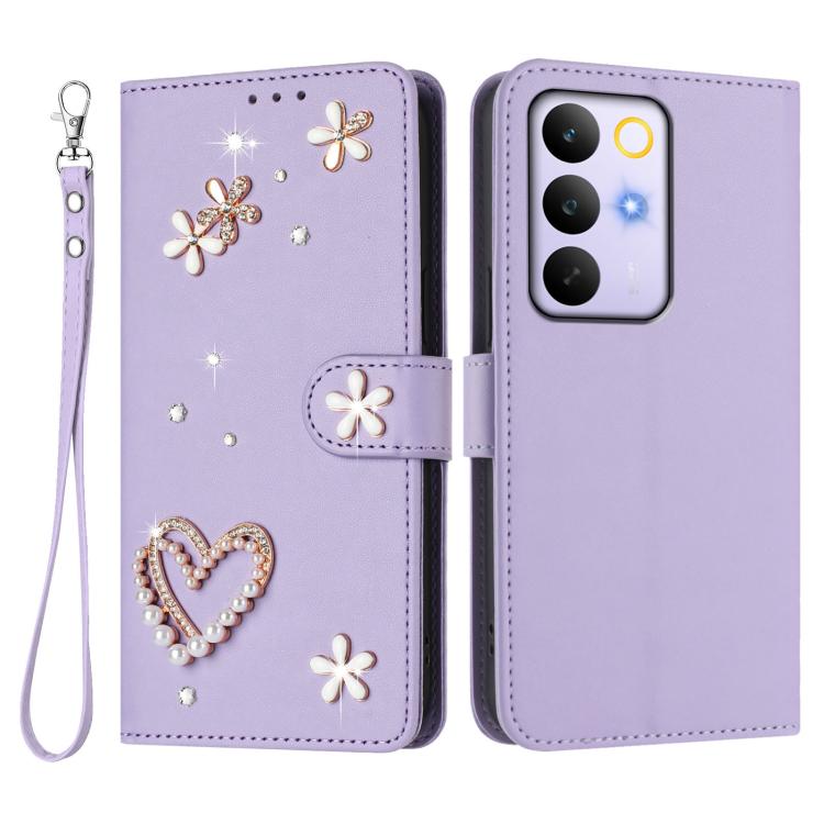 For Realme C85 Pro 4G ZS01 Double-Layer Heart Floral Vegan Leather Phone Case with Wrist Strap
