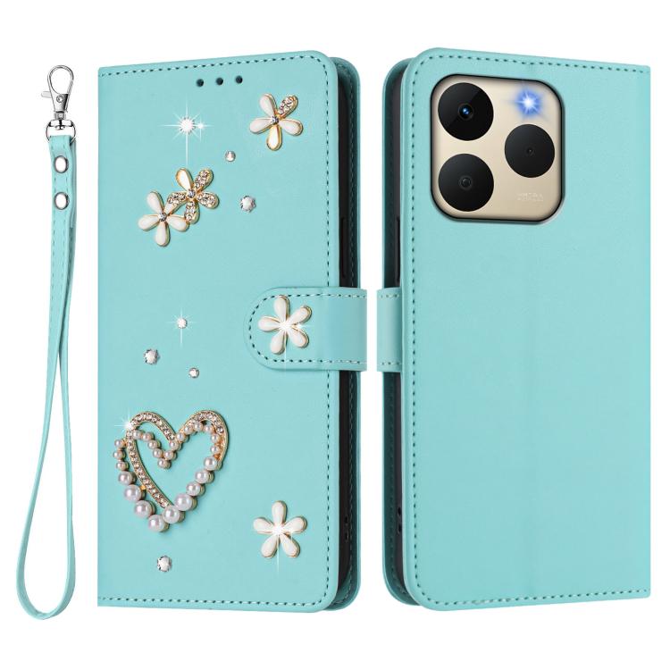 For Realme 15T 5G Global ZS01 Double-Layer Heart Floral Vegan Leather Phone Case with Wrist Strap