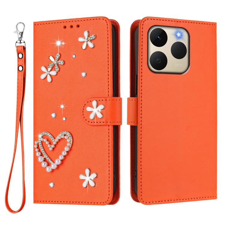 For Realme 15T 5G Global ZS01 Double-Layer Heart Floral Vegan Leather Phone Case with Wrist Strap