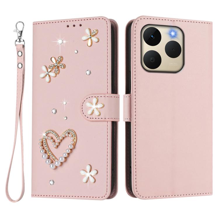 For Realme 15T 5G Global ZS01 Double-Layer Heart Floral Vegan Leather Phone Case with Wrist Strap
