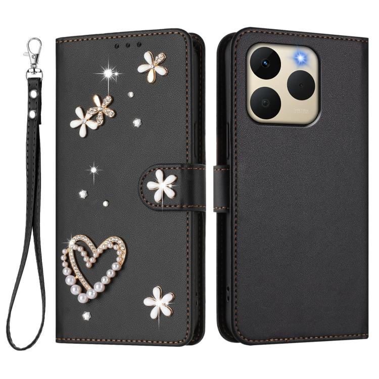 For Realme 15T 5G Global ZS01 Double-Layer Heart Floral Vegan Leather Phone Case with Wrist Strap