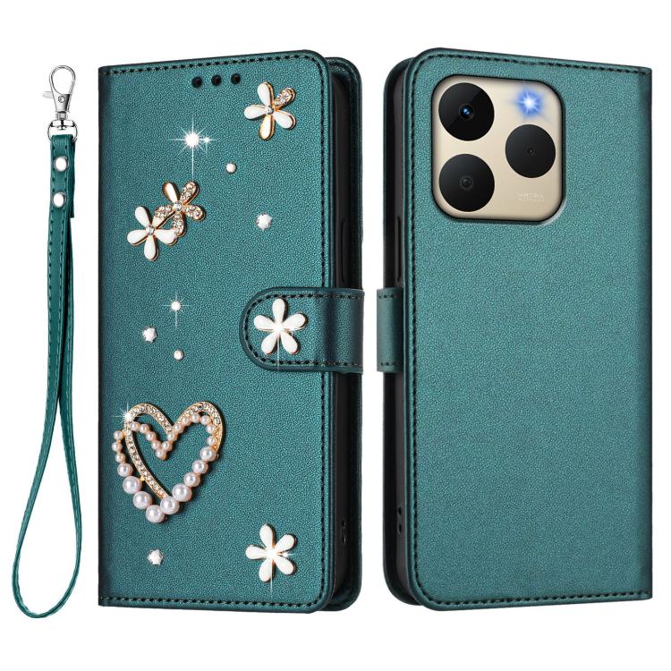 For Realme 15T 5G Global ZS01 Double-Layer Heart Floral Vegan Leather Phone Case with Wrist Strap