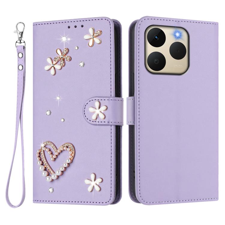 For Realme 15T 5G Global ZS01 Double-Layer Heart Floral Vegan Leather Phone Case with Wrist Strap