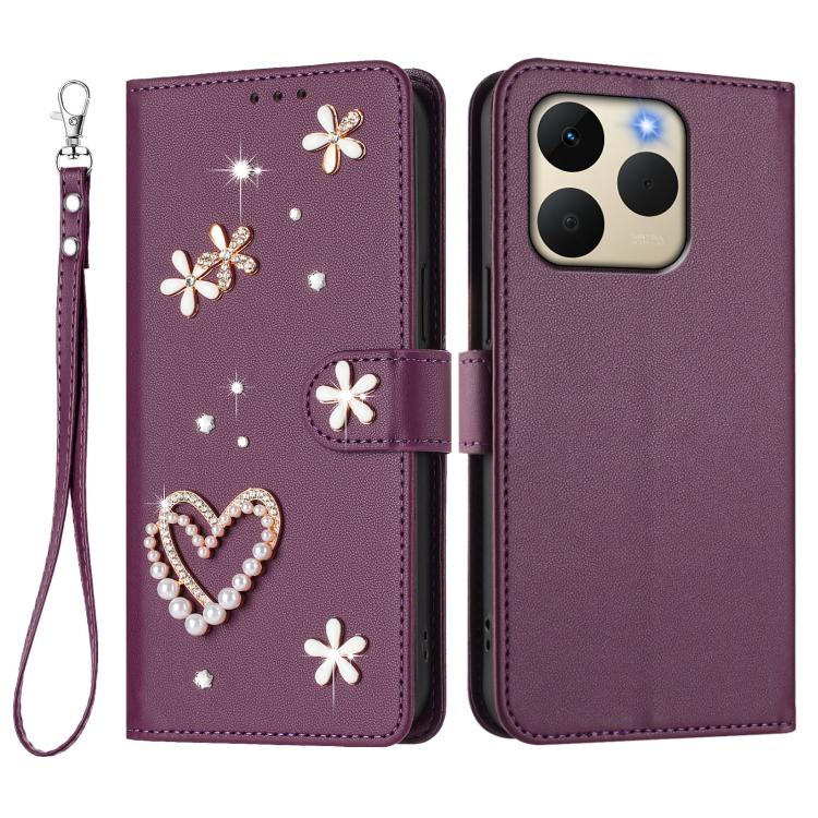 For Realme 15T 5G Global ZS01 Double-Layer Heart Floral Vegan Leather Phone Case with Wrist Strap